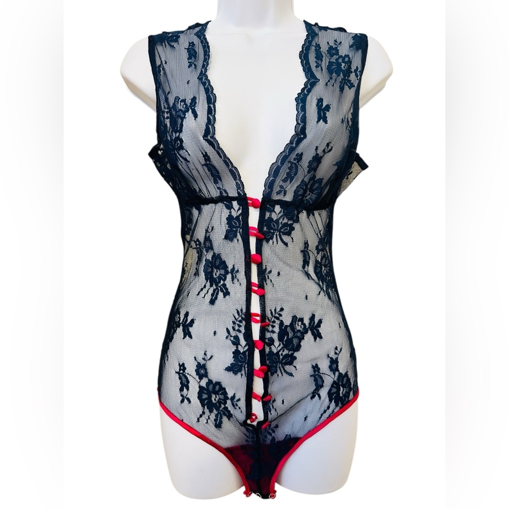 Elegant Black Lace Bodysuit with Red Accents